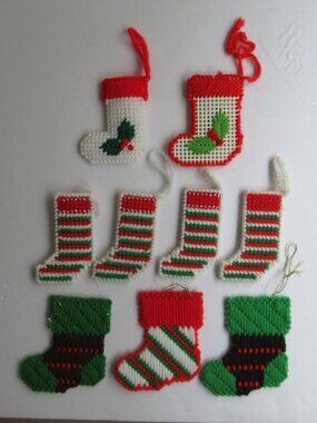 9 Handmade Needlepoint Flat Christmas Ornaments Retro 3"-4" Assorted Stockings